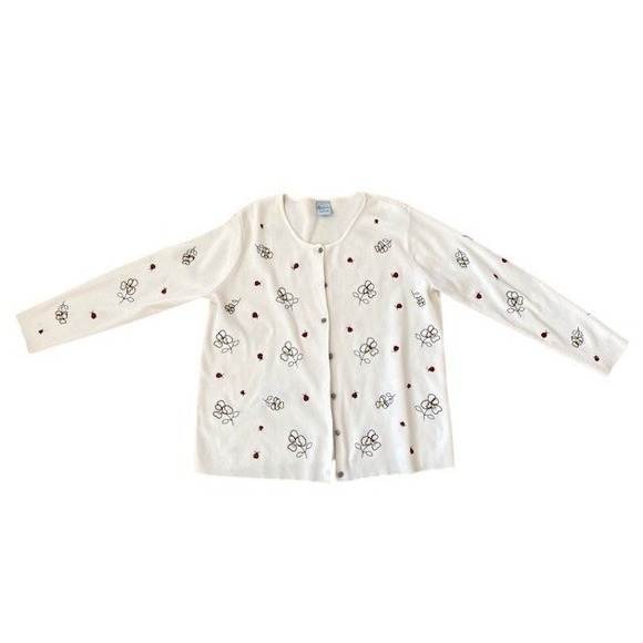 Cascade Blues Sweater Cardigan XL Ladybug Floral Embroidered Gingham Buttons - Picture 4 of 11